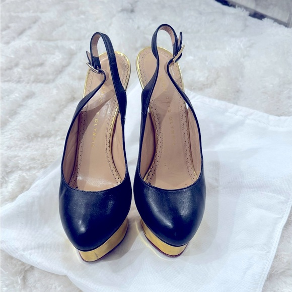 Charlotte Olympia Shoes - Black Leather DOLLY Gold Platform Slingback Pumps